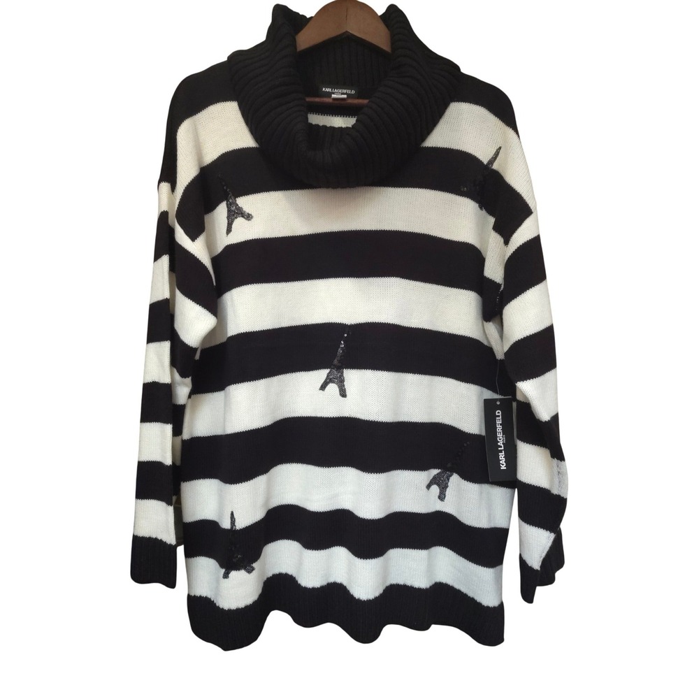 Karl Lagerfeld Paris Womens XL Cowl Neck Striped Eiffel Tower Sequin Sweater NEW